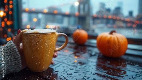 Close-up of a female hand holding a cup of coffee and Brooklyn Bridge is in the background, first-person photo, blurred background, travel image with well known destination