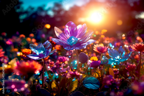 Surreal Fantasy Crystal Flower Garden, created with Generative AI technology