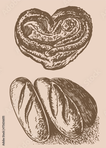 Vector hand-drawn buns on sepia background, bakery and gastronomy elements of design	