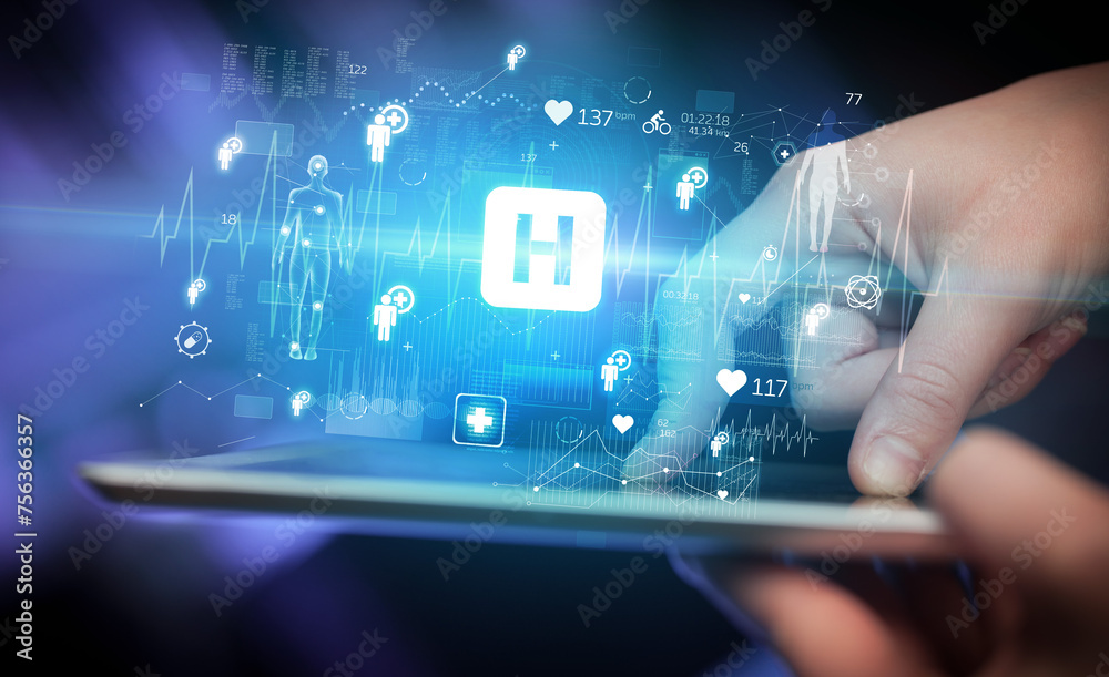 Close-up of a touchscreen with healthcare icons Close-up of a touchscreen with healthcare icons