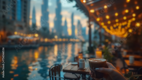 Close-up of a female hand holding a cup of coffee and Dubai City is in the background, first-person photo, blurred background, travel image with well known destination