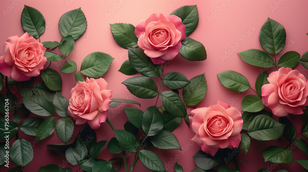 Pink Roses with Green Leaves on a Pink Backdrop Pink Roses with Green Leaves on a Pink Backdrop
