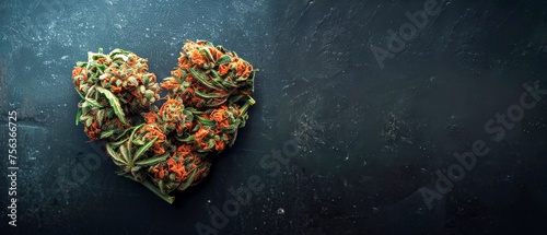 green and red buds with marijuana heart shape isolated on black stone background photo