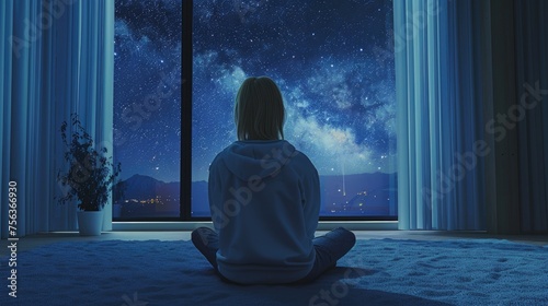 a lonely blond woman, clad in a sweatshirt, seated on a carpet within a modern apartment, gazing at the starry sky through a vast window in the background, in this realistic photo.