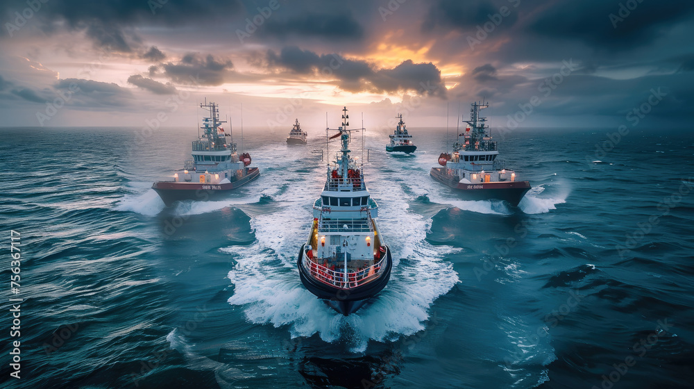 Naklejka premium Four large coast guard vessels next to each other sailing across the ocean. Generative AI.
