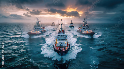 Four large coast guard vessels next to each other sailing across the ocean. Generative AI.