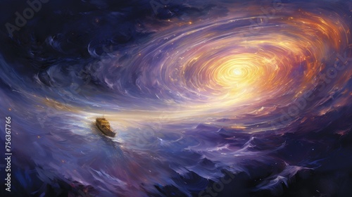 Surreal Cosmic Vortex and Lonely Boat - A Vivid Fantasy Art Illustration