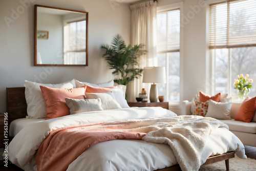 Gemütliches Schlafzimmer mit warmen Farbakzenten und Tageslicht photo