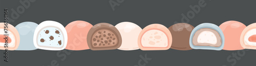 Mochi seamless border. Japanese Mochi with different fillings on black background. Asian sweet food. Japanese Mochi in rice dough in a row.