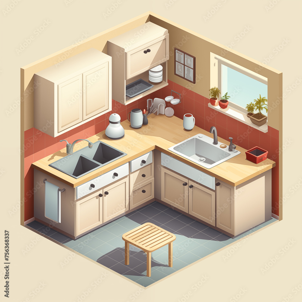 Kitchen room interior with furniture and household appliances in isometric style