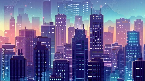 Retro pixel art cityscape with skyscrapers. Pixel art  retro  cityscape  skyscrapers  buildings  urban  vintage  nostalgia. Generated by AI