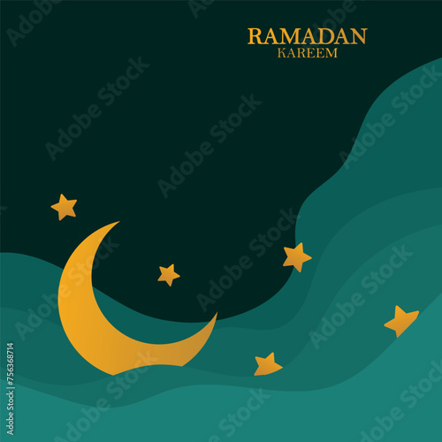 Ramadan Kareem vector backgound, 3d paper cut waves and stars on night sky, template with gold moon.