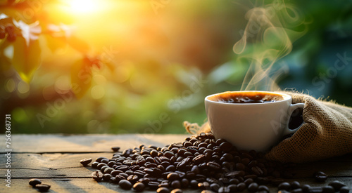 A cup of black coffee with hot vapors rising and a bag with coffee beans scattered on a wooden table. Morning nature background. 