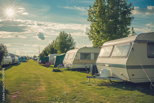 Warm golden light enhances this friendly caravan site, where families can enjoy the outdoors and camping experience