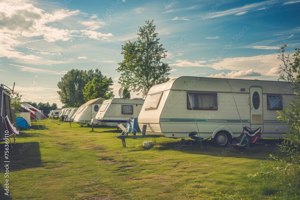 A soothing scene with various caravans, and the comfort of outdoor chairs, against a backdrop of trees and sky A soothing scene with various caravans, and the comfort of outdoor chairs, against a backdrop of trees and sky