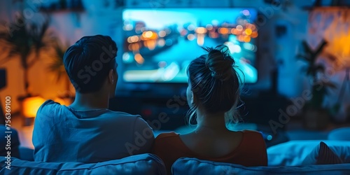 A man and woman are sitting on a couch watching television