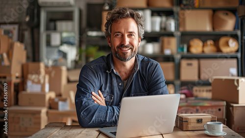 Entrepreneurial Spirit: Portrait of Small Online Business Owner with Laptop and Shipping Boxes