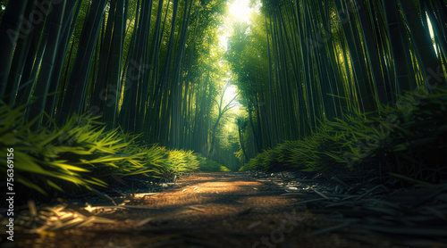 A straight path through a bamboo forest  in the daylight. Generative AI.
