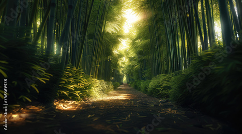 A straight path through a bamboo forest, in the daylight. Generative AI.