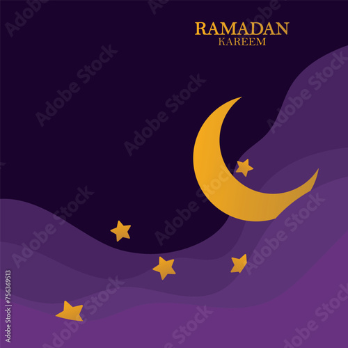 Ramadan Kareem vector backgound, 3d paper cut waves and stars on night sky, template with gold moon.