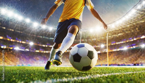 Bottom view of and closeup of a soccer player hitting a soccer ball in a soccer field stadium illuminated for a night match. Generative Ai. © Alberto Masnovo