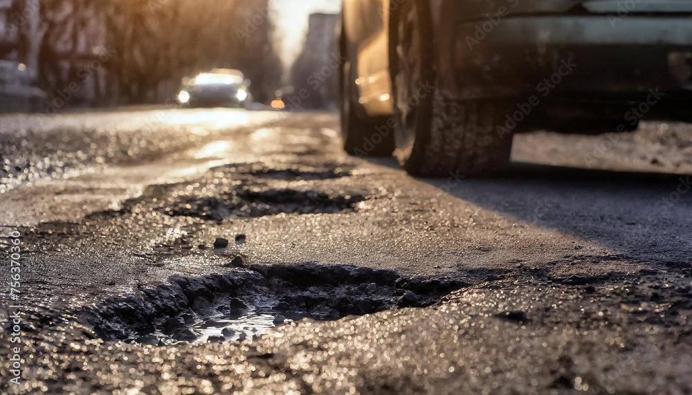 car on the road with potholes on the road, damaged road, damaged asphalt car on the road with potholes on the road, damaged road, damaged asphalt