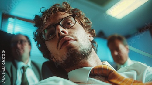 Young man visibly bored in a meeting. Illustrates mental health challenges at work. Ideal for workplace wellness and professional stress visuals