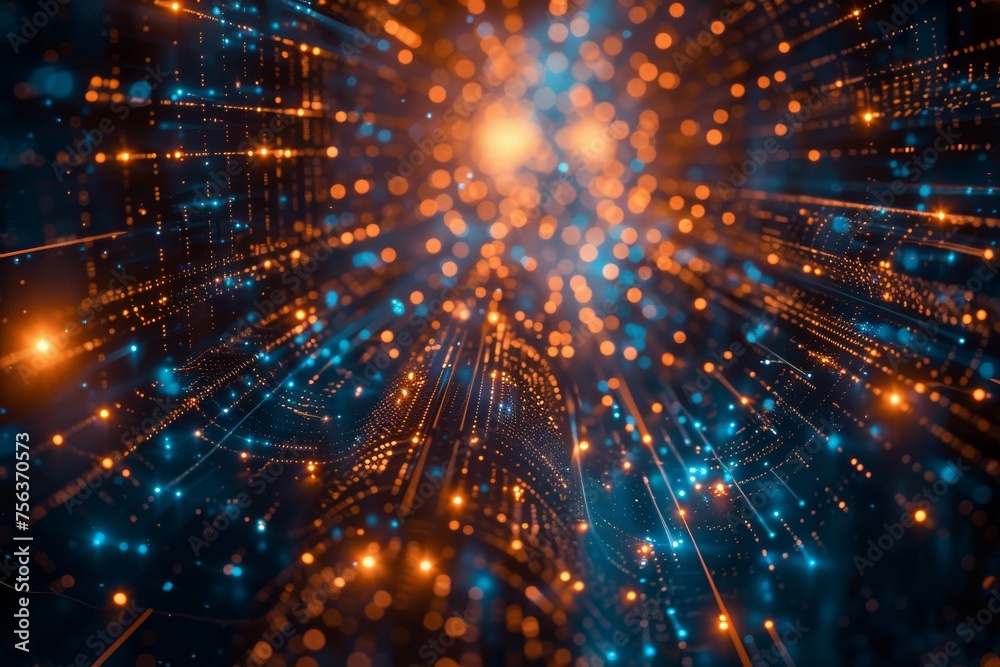 Fototapeta premium An abstract composition featuring a network of glowing fiber optic cables and circuitry