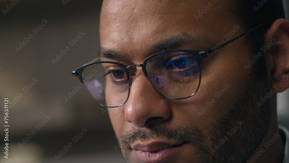 Close up concentrated entrepreneur work online with computer data male eyes in eyeglasses looking laptop monitor businessman busy with business information man look screen light reflection in glasses Close up concentrated entrepreneur work online with computer data male eyes in eyeglasses looking laptop monitor businessman busy with business information man look screen light reflection in glasses