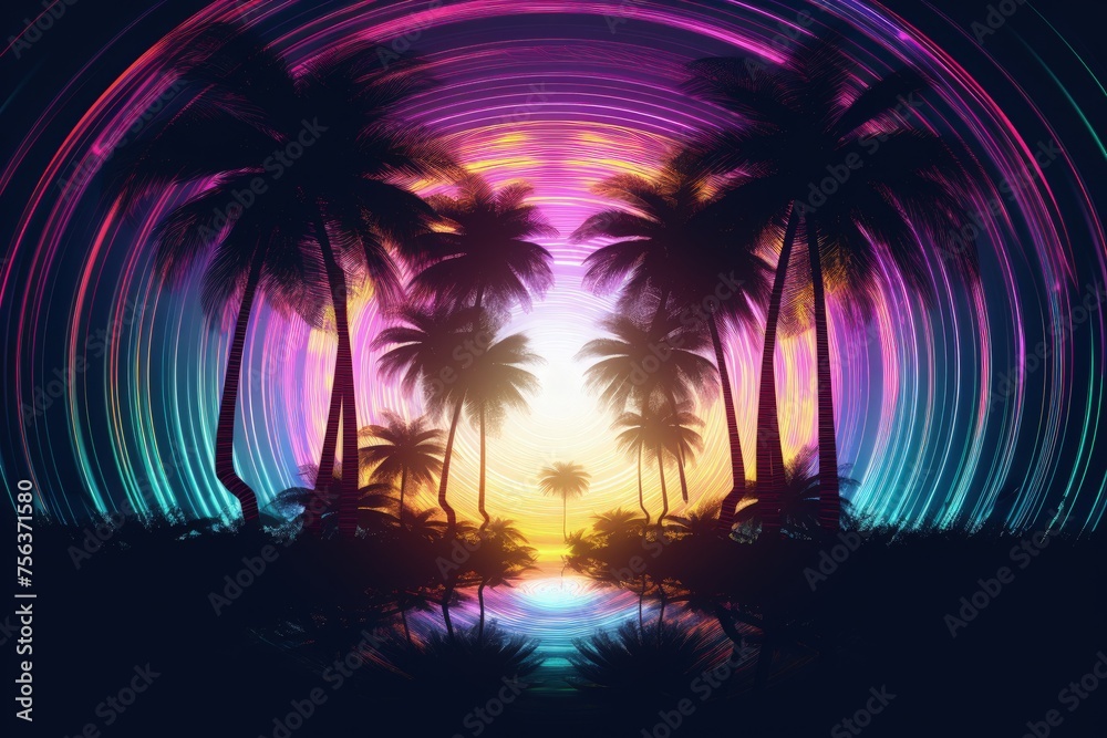 Tropical Paradise at Twilight: Palm Trees Silhouetted Against a Synthwave Sunset