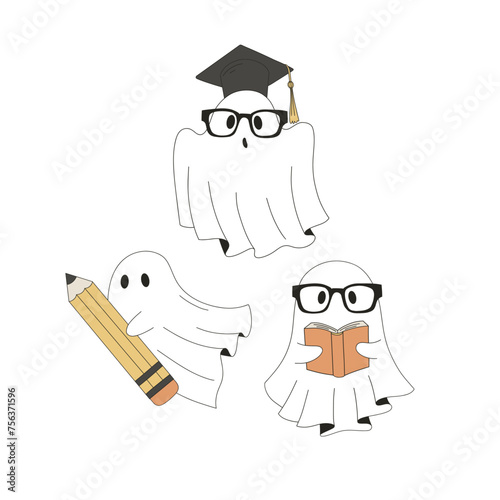 Funny cartoon spooky ghosts pupils with book pencil in glasses vector illustration set isolated on white. Groovy hand drawn back to school education print poster postcard design.