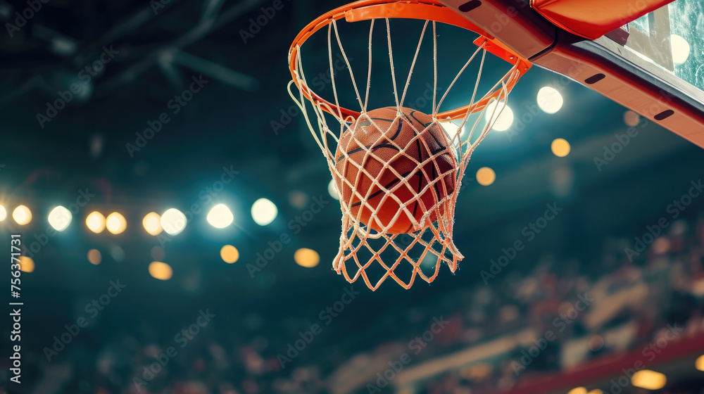 A basketball is in the air, about to go through a hoop