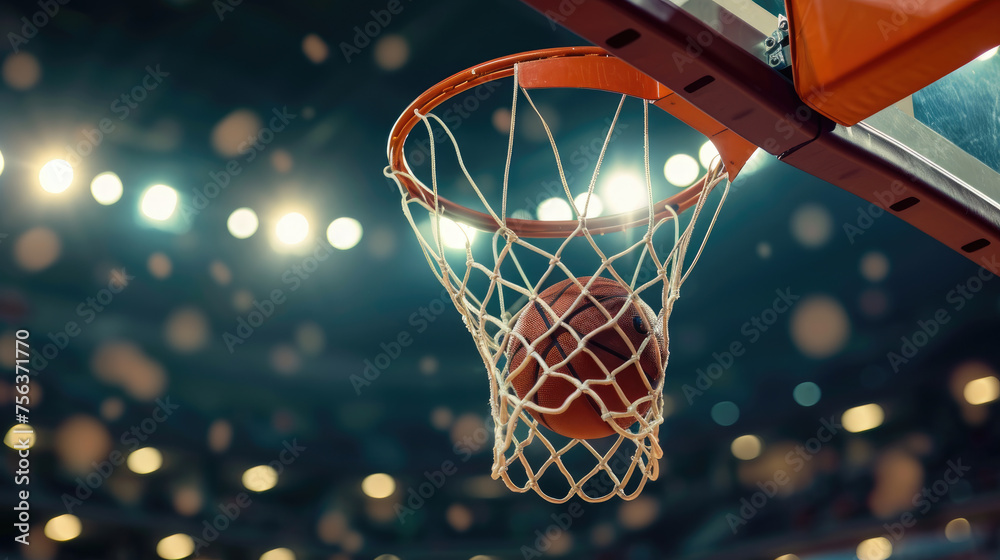 A basketball is in the air, about to go through a net
