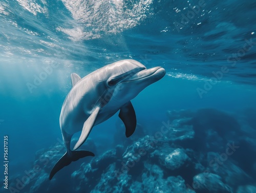A playful dolphin swims in a clear blue ocean, showcasing the majesty of marine life. © cherezoff