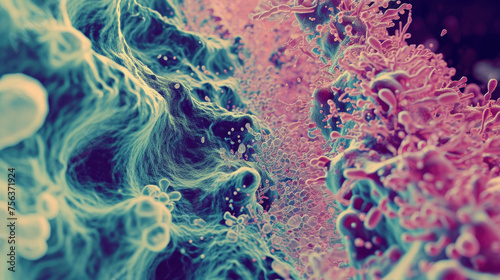 A colorful, abstract image of pink and blue swirls and blobs photo