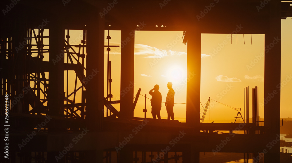 Silhouetted Construction Workers on Scaffolding at Sunset, Working Together to Build Urban High-Rise Structure Against Vivid Orange Sky