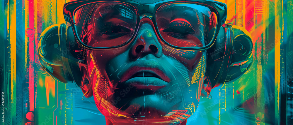 A vibrant portrait of a woman in sunglasses against a psychedelic, neon-colored swirl background, reflecting a fusion of retro and modern styles.