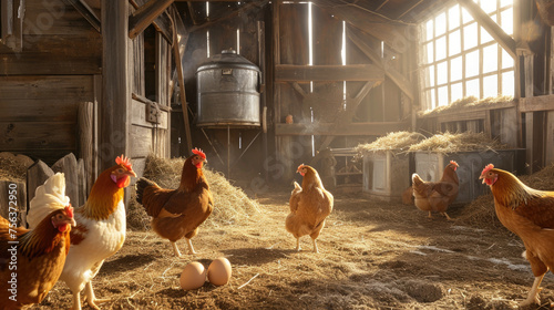 A group of chickens are in a barnyard setting, with one of them wearing a hat photo