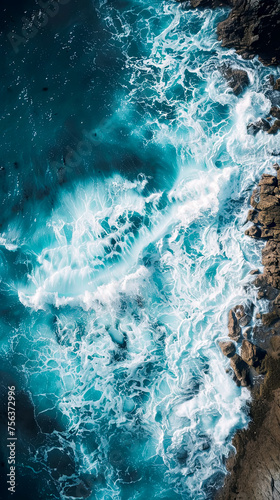 Neon waves crashing against rocky shores cinematic seascape