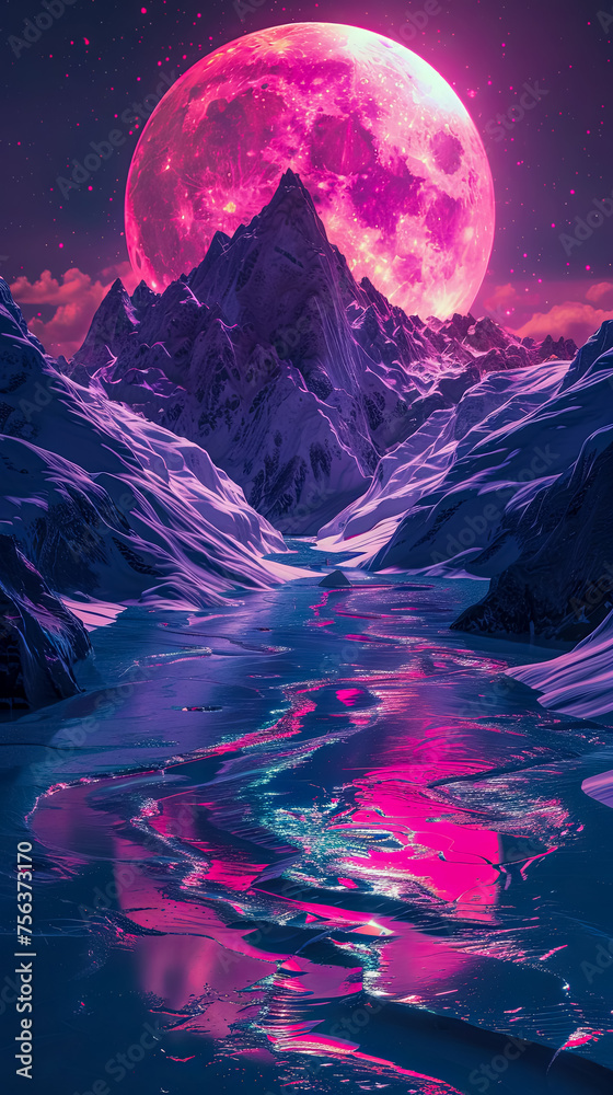 Surreal neon mountain ranges aurora skies