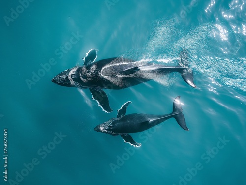 Aerial view of two humpback whales swimming together in the crystal-clear blue sea. © cherezoff
