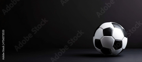 A black and white soccer ball sits on a black background