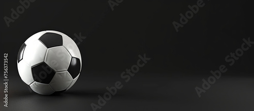 A white and black soccer ball is on a black background