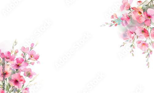 Watercolor pink botanical flowers. Banner with spring flowers. Banner blank for text. Vector illustration.