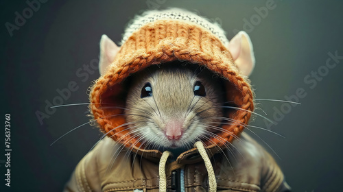 Adorable close-up of a mouse wearing a cozy knitted hat and warm jacket, showcasing human-like fashion in a charming animal portrait. photo