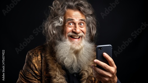 A medieval man holding a phone in his hands