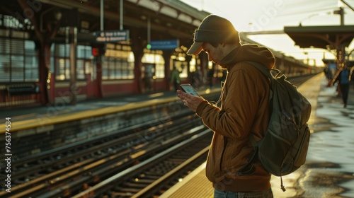 Man using cell phone at transit station for work commute.