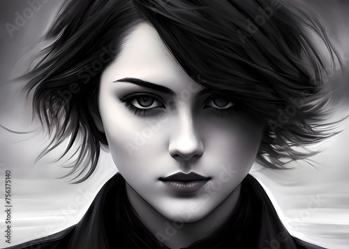 Portrait of a girl black and white style, Atmospheric beautiful setting, epic, fantasy Generative AI