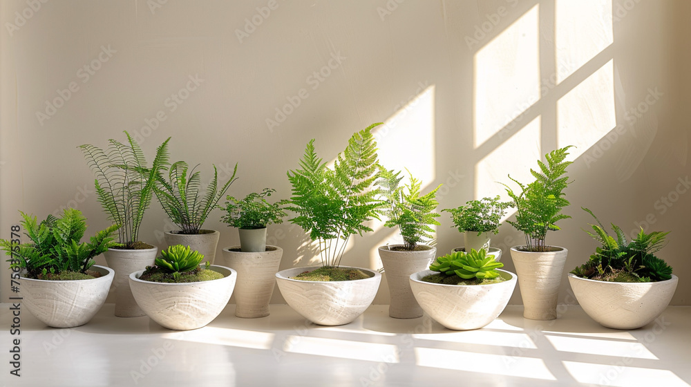  An artistic display of potted ferns, their lush green foliage cascading gracefully over the edges of pristine white planters, set against a minimalist backdrop.