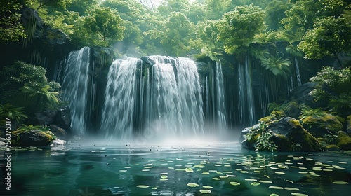 A waterfall in a lush forest setting. Generative AI.